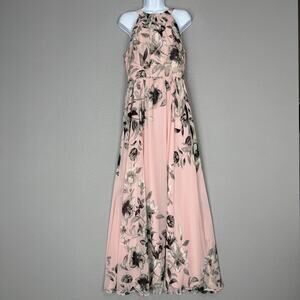 Eliza J Dress Womens 10 Pink Floral Belted Chiffon Halter Maxi Wedding Guest